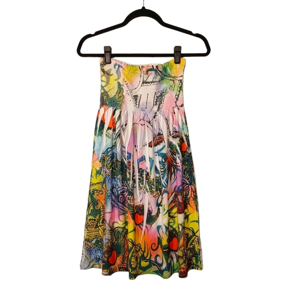 DNLA SPORT Colorful Heart Air Brush Print Smocked Ivory Strapless Dress Large - Picture 3 of 9